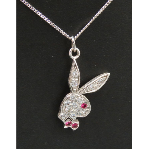 122 - Ruby and Gem Playboy Logo 9 Carat Gold Pendant 3cm Drop Mounted on 9 Carat White Gold Chain 45cm Lon... 