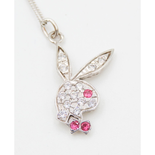 122 - Ruby and Gem Playboy Logo 9 Carat Gold Pendant 3cm Drop Mounted on 9 Carat White Gold Chain 45cm Lon... 