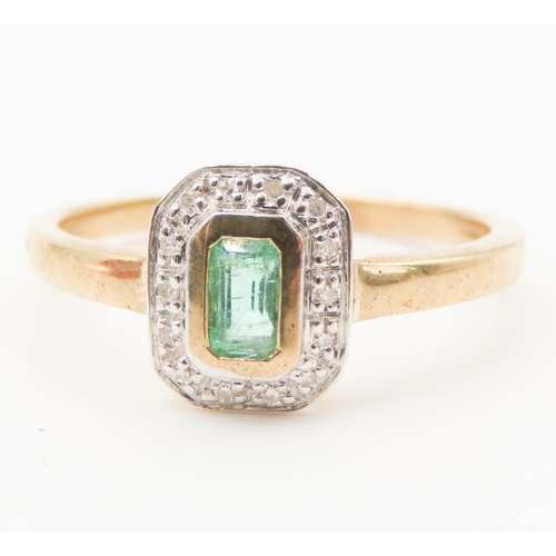 126 - Bezel Set Emerald Centre Stone Ring Diamond Halo Surround Mounted in 9 Carat Yellow Gold Ring Size Q