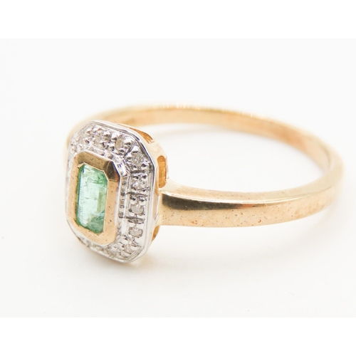 126 - Bezel Set Emerald Centre Stone Ring Diamond Halo Surround Mounted in 9 Carat Yellow Gold Ring Size Q