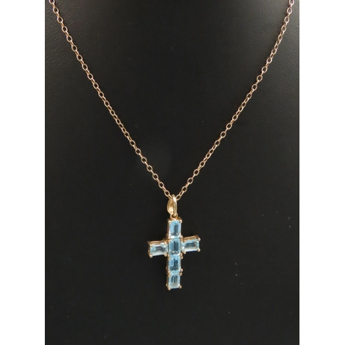 127 - Six Stone Emerald Cut Aquamarine Cross Pendant Set in 9 Carat Yellow Gold 3cm Drop Further Set on 9 ... 