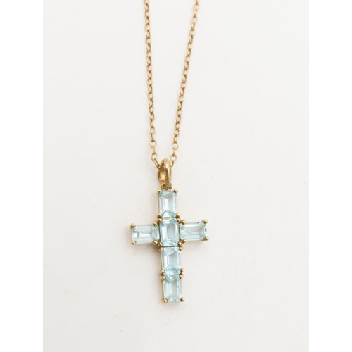 127 - Six Stone Emerald Cut Aquamarine Cross Pendant Set in 9 Carat Yellow Gold 3cm Drop Further Set on 9 ... 