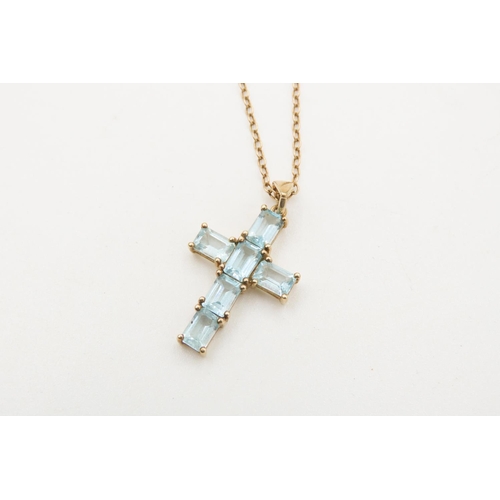 127 - Six Stone Emerald Cut Aquamarine Cross Pendant Set in 9 Carat Yellow Gold 3cm Drop Further Set on 9 ... 