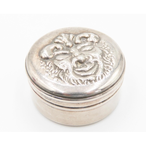 129 - Silver Circular Form Box with Mask Detailed Cover 3.5cm Diameter 2cm High