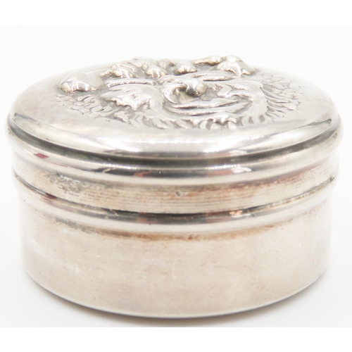 129 - Silver Circular Form Box with Mask Detailed Cover 3.5cm Diameter 2cm High