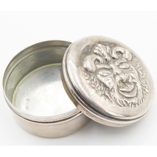 129 - Silver Circular Form Box with Mask Detailed Cover 3.5cm Diameter 2cm High