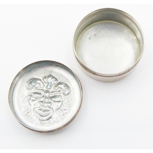 129 - Silver Circular Form Box with Mask Detailed Cover 3.5cm Diameter 2cm High