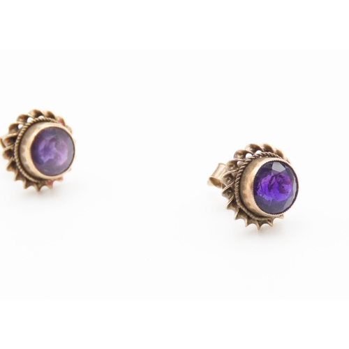 138 - Pair of Bezel Set Amethyst Earrings Mounted in 9 Carat Yellow Gold Each 1cm Diameter