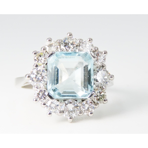 153 - Cushion Cut Aquamarine Centre Stone Ring Diamond Set Halo Surround Mounted in Platinum Total Aquamar... 