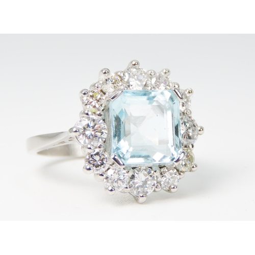 153 - Cushion Cut Aquamarine Centre Stone Ring Diamond Set Halo Surround Mounted in Platinum Total Aquamar... 