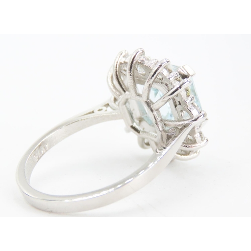 153 - Cushion Cut Aquamarine Centre Stone Ring Diamond Set Halo Surround Mounted in Platinum Total Aquamar... 