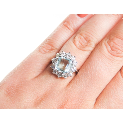 153 - Cushion Cut Aquamarine Centre Stone Ring Diamond Set Halo Surround Mounted in Platinum Total Aquamar... 