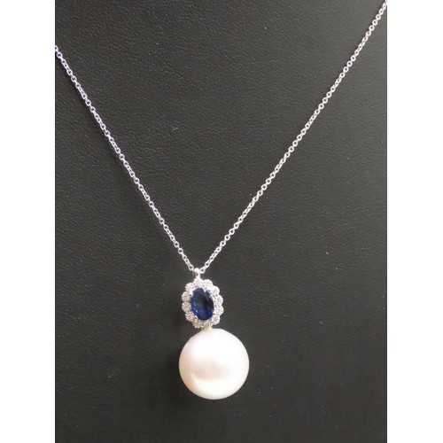 156 - Sapphire and Diamond Set Pearl Pendant Mounted in 18 Carat White Gold 2cm Drop Further Set on 18 Car... 