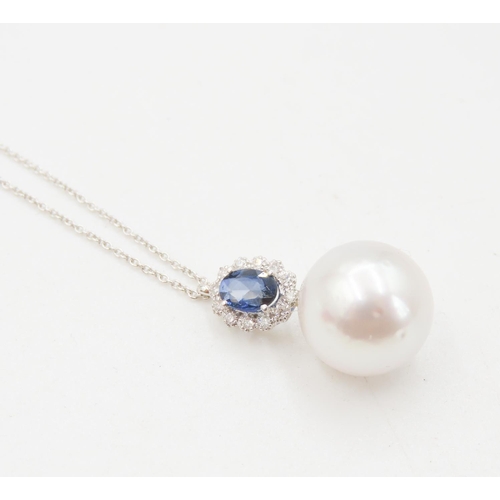 156 - Sapphire and Diamond Set Pearl Pendant Mounted in 18 Carat White Gold 2cm Drop Further Set on 18 Car... 