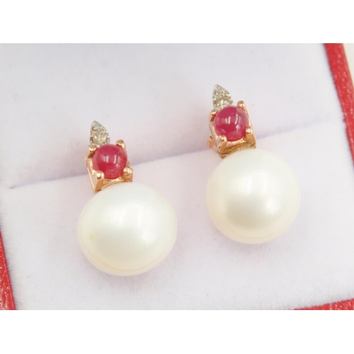 157 - Pair of Ruby and Diamond Set Pearl Earrings Mounted in 14 Carat Rose Gold Each 2cm High