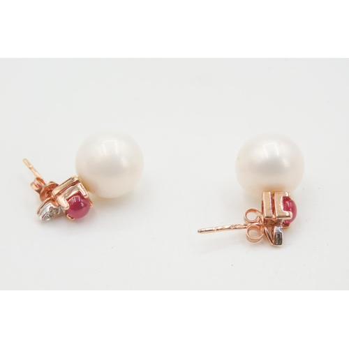 157 - Pair of Ruby and Diamond Set Pearl Earrings Mounted in 14 Carat Rose Gold Each 2cm High