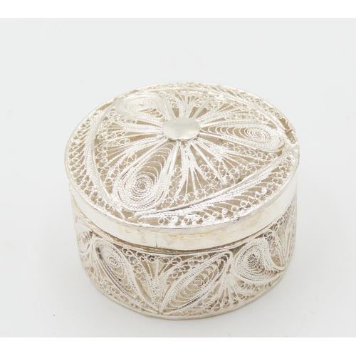 159 - Silver Filigree Decorated Trinket Box Attractively Detailed Circular Form 4cm Diameter 3cm High