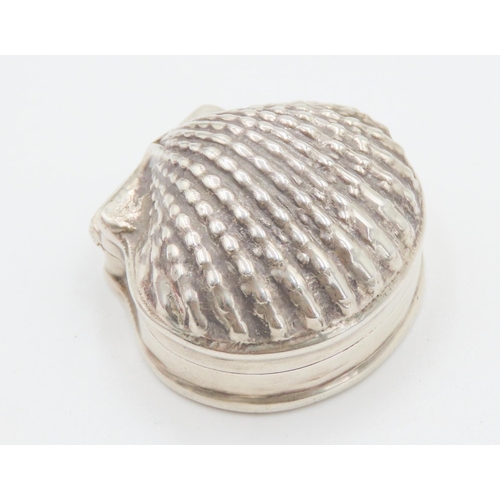 162 - Silver Scallop Shell Form Pill Box Hinged Cover 3cm Wide 2cm High