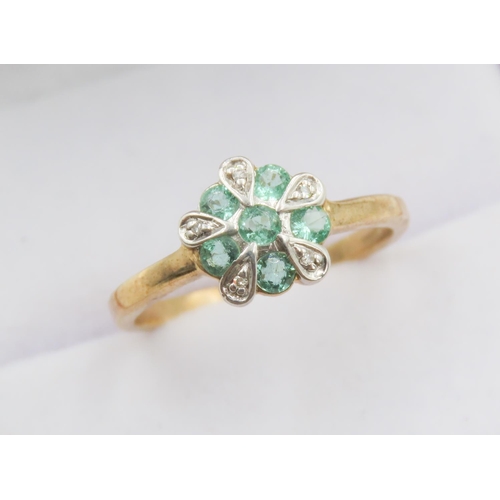 165 - Teal Tourmaline and Diamond Set Ladies Daisy Motif Ring Set in 9 Carat Yellow Gold Ring Size O