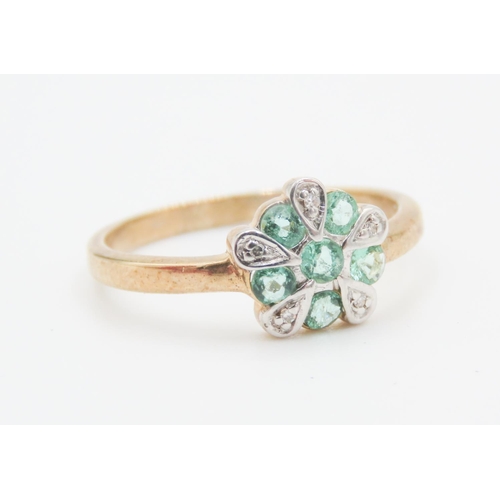 165 - Teal Tourmaline and Diamond Set Ladies Daisy Motif Ring Set in 9 Carat Yellow Gold Ring Size O