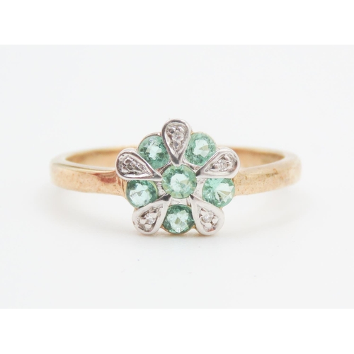 165 - Teal Tourmaline and Diamond Set Ladies Daisy Motif Ring Set in 9 Carat Yellow Gold Ring Size O