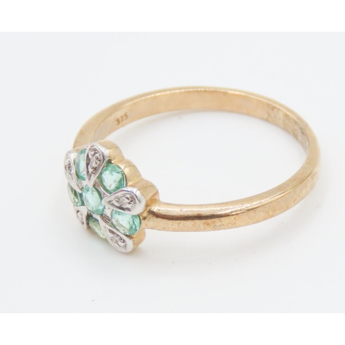 165 - Teal Tourmaline and Diamond Set Ladies Daisy Motif Ring Set in 9 Carat Yellow Gold Ring Size O