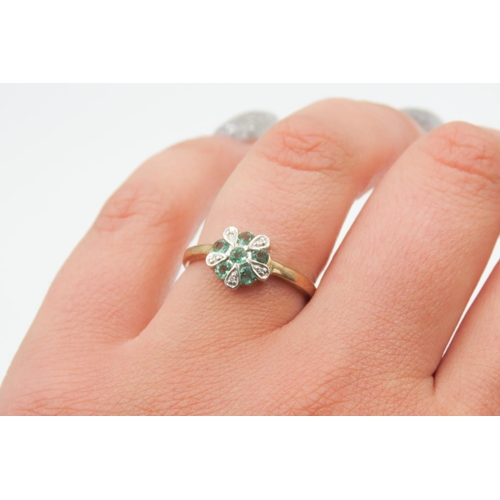 165 - Teal Tourmaline and Diamond Set Ladies Daisy Motif Ring Set in 9 Carat Yellow Gold Ring Size O