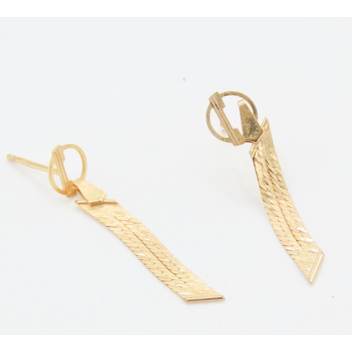 173 - Pair of 9 Carat Yellow Gold Ribbon Form Drop Earrings Each 3cm High