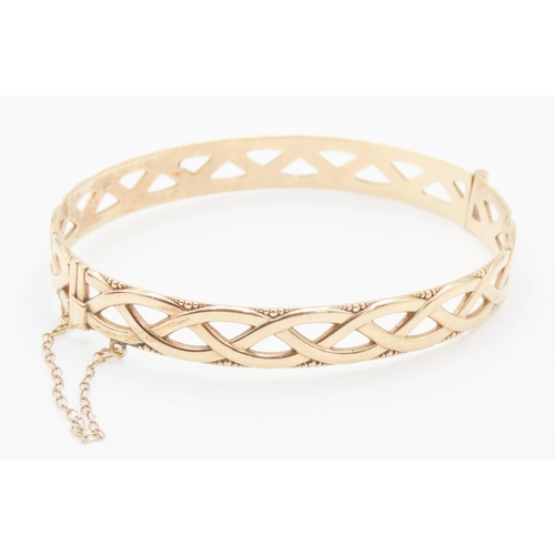 179 - 9 Carat Yellow Gold Celtic Knot Bangle Bracelet with Safety Chain Inner Width 6.5cm