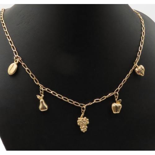 185 - 9 Carat Yellow Gold Charm Necklace with Grape, Coffee Bean and Other Charms 46cm Long