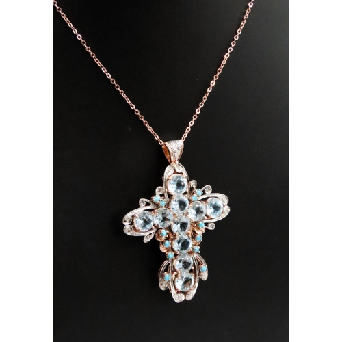 191 - Aquamarine Diamond and Turquoise Set Cross Pendant Attractively Detailed Set in 9 Carat Rose Gold 6c... 