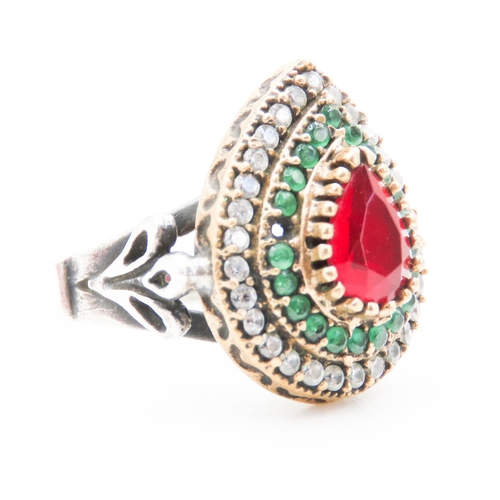 195 - Pear Cut Garnet Set Ring with Double Emerald and Gemstone Halo Surround Mounted in Silver Ring Size ... 