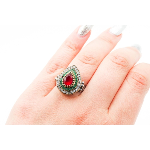 195 - Pear Cut Garnet Set Ring with Double Emerald and Gemstone Halo Surround Mounted in Silver Ring Size ... 