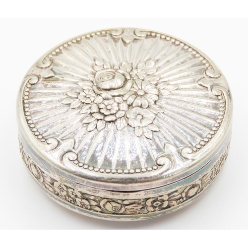 196 - Silver Snuff Box Circual Form Floral Detailing Gilded Interior 5cm Diameter 1.5cm High