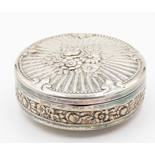 196 - Silver Snuff Box Circual Form Floral Detailing Gilded Interior 5cm Diameter 1.5cm High