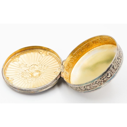 196 - Silver Snuff Box Circual Form Floral Detailing Gilded Interior 5cm Diameter 1.5cm High