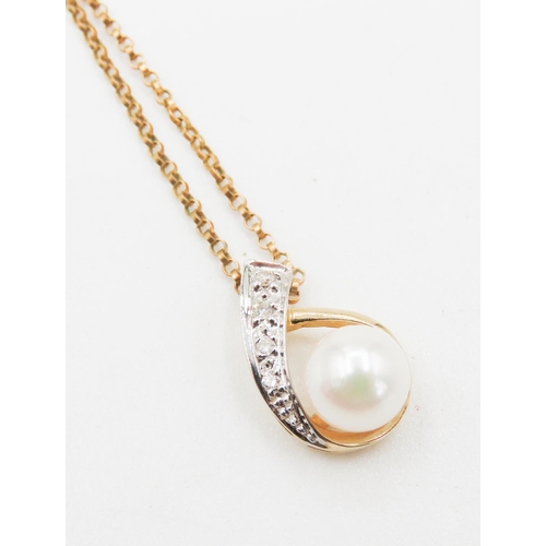 200 - Pearl and Diamond Set Drop Pendant 1.5cm High Mounted in 14 Carat Yellow Gold Set on 1/20th 14 Carat... 