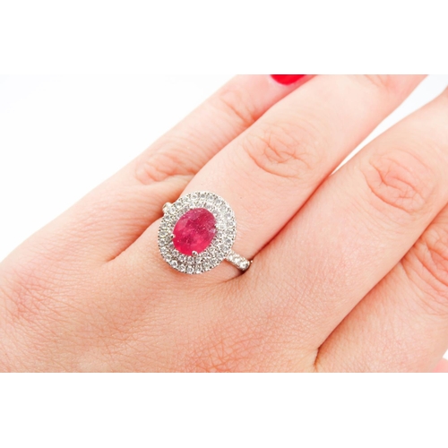 202 - Ruby Set Centre Stone Ring Mounted in Platinum with Diamond Set Double Halo Surround and Further Dia... 