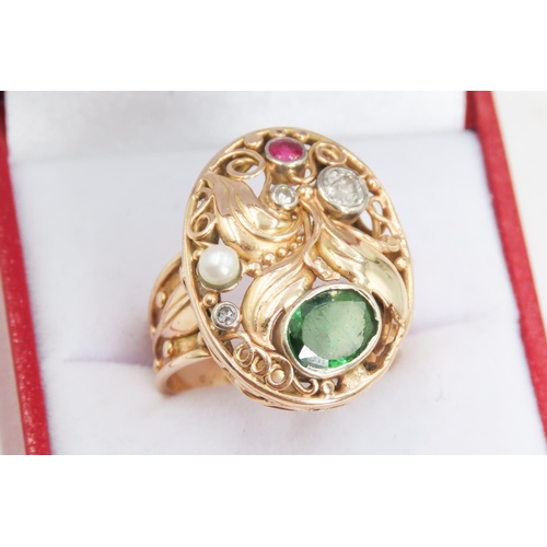 205 - Unusual Diamond Ruby Pearl and Green Garnet Set Floral Motif Ring Attractively Detailed Set in 14 Ca... 