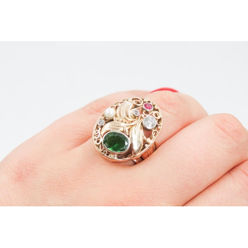 205 - Unusual Diamond Ruby Pearl and Green Garnet Set Floral Motif Ring Attractively Detailed Set in 14 Ca... 