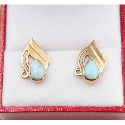 206 - Pair of Larimar Set Earrings Mounted in 14 Carat Yellow Gold Finely Detailed 2cm High