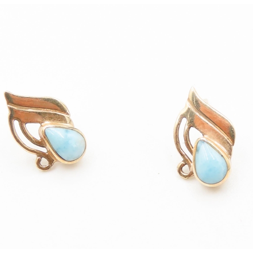 206 - Pair of Larimar Set Earrings Mounted in 14 Carat Yellow Gold Finely Detailed 2cm High