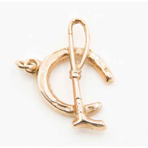 21 - 9 Carat Yellow Gold Lucky Horseshoe and Whip Motif Pendant 1.5cm High