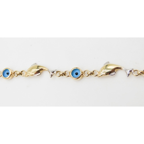 212 - 14 Carat Yellow Gold Dolphin Motif Evil Eye Set Bracelet 20cm Long