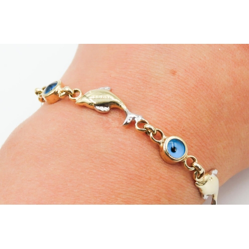 212 - 14 Carat Yellow Gold Dolphin Motif Evil Eye Set Bracelet 20cm Long