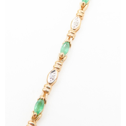 214 - Emerald and Diamond Set Ladies Bracelet Finely Detailed Set in 9 Carat Yellow Gold 19.5cm Long