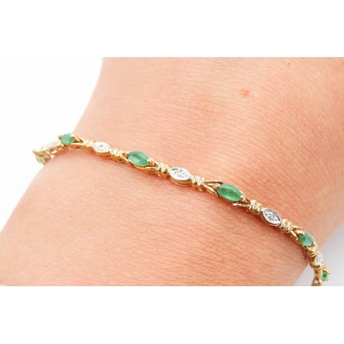 214 - Emerald and Diamond Set Ladies Bracelet Finely Detailed Set in 9 Carat Yellow Gold 19.5cm Long