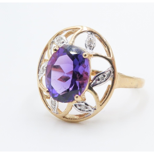 223 - Unusual Amethyst and Diamond Set Floral Form Ring Set in 9 Carat Yellow Gold Ring Size O and a Half