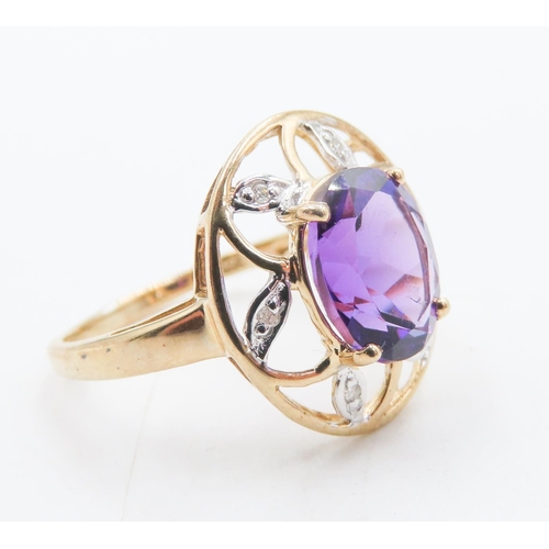 223 - Unusual Amethyst and Diamond Set Floral Form Ring Set in 9 Carat Yellow Gold Ring Size O and a Half