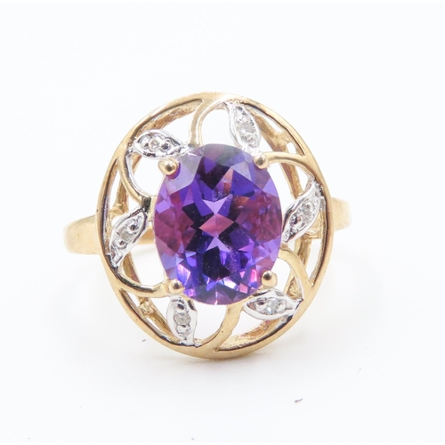 223 - Unusual Amethyst and Diamond Set Floral Form Ring Set in 9 Carat Yellow Gold Ring Size O and a Half